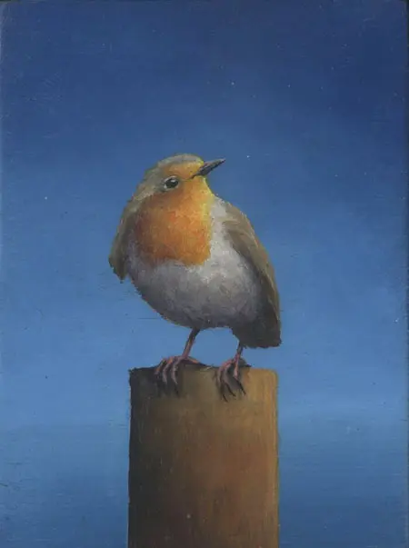Marc van der Zwet, roodborstje op paaltje, 200 euro, Oil on panel in wooden frame, 7,9x11 cm
