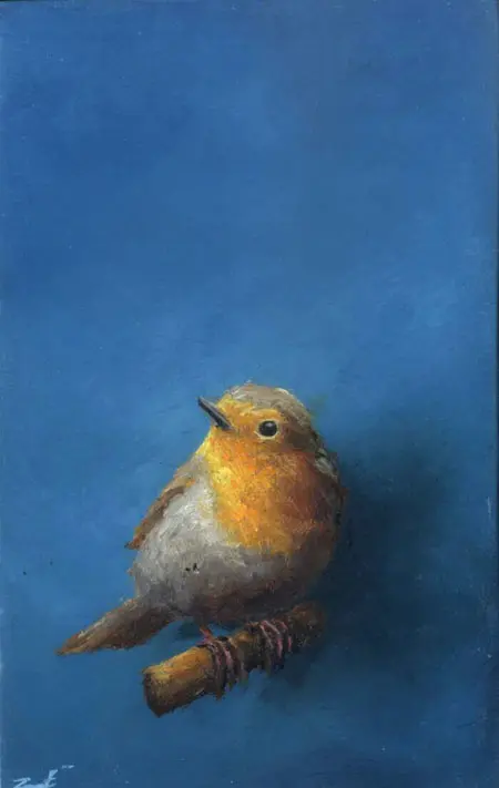 Marc van der Zwet, Roodborstje op takje blauw, 290 euro, Oil on panel in frame, 15x10 cm