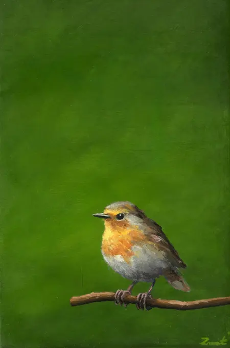 Marc van der Zwet, Roodborstje op takje groen, 300 euro, Oil on panel in wooden frame, 9,8x14,8 cm