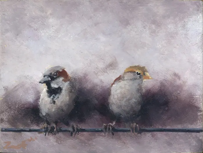 Marc van der Zwet, Samen op draad op grijs, 180 euro, Oil on oak, unframed, 8,4x6,3x2,5 cm