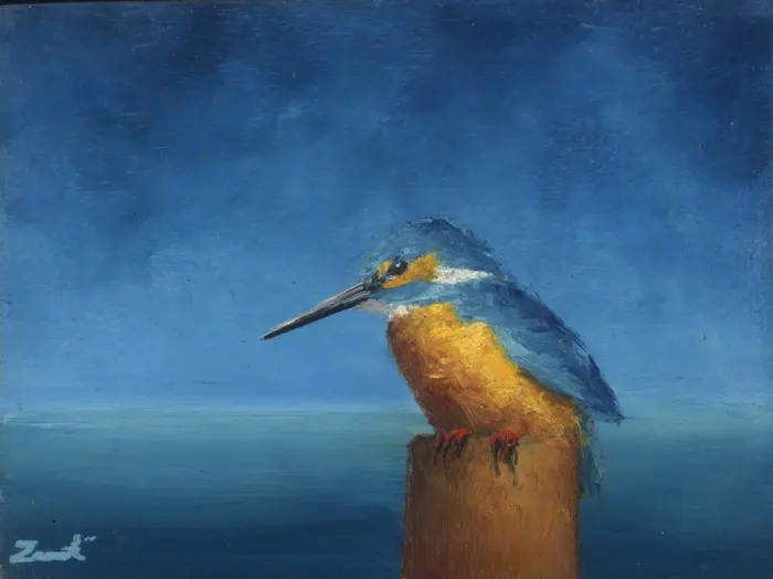 Marc van der Zwet, Scherpeijsvogel op paaltje, 180 euro, Oil on oak block, unframed, 9,8x7,3 cm