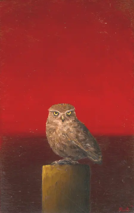 Marc van der Zwet, Steenuil op rood, 280 euro, Oil on MDF in wooden frame, 8,3x13,3 cm
