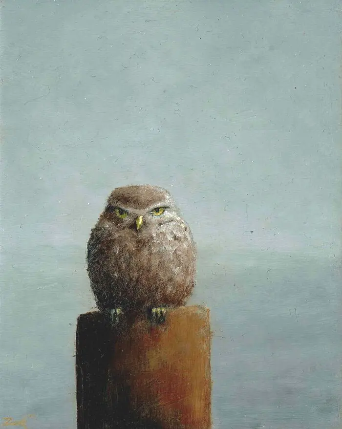 Marc van der Zwet, Steenuil wacht af, 220 euro, Oil on oak panel, 9x11 cm