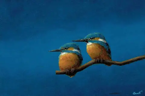 Marc van der Zwet, Twee ijsvogels op tak, 290 euro, Oil on panel, 14,8x10 cm