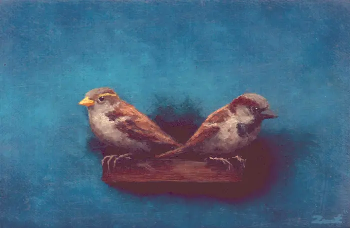 Marc van der Zwet, Twee mussen in afwachting, 340 euro, Oil on panel in wooden frame, 14,7x9,7 cm