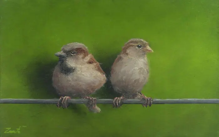 Marc van der Zwet, Twee mussen op draad groen, 330 euro, Oil on panel in bamboo wooden frame, 13,3x8,2 cm