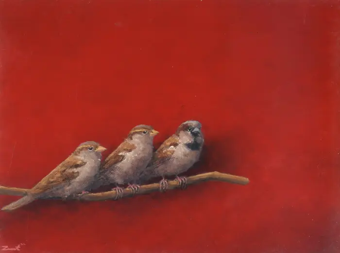 Marc van der Zwet, twee vrouwmussen en een manmus op tak, 430 euro, Oil on oak, unframed, 22x15 cm