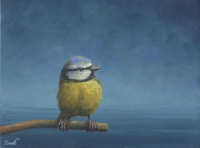 Marc van der Zwet, Verbaasde Pimpelmees, 210 euro, Oil on panel in wooden frame,10,9x8,2 cm