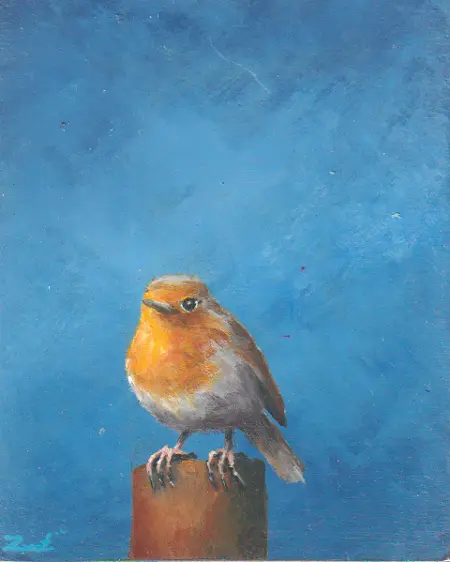 Marc van der Zwet, Verbaasde roodborst op paaltje, 230 euro, Oil on oak, unframed, 8x10x2 cm