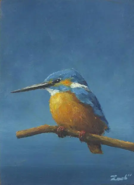 Marc van der Zwet, Verlegen ijsvogel op tak, 190 euro, Oil on oak panel, unframed, 7,2x9,8 cm