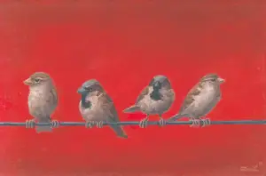 Marc van der Zwet, Vier mussen op draad op rood, 350 euro, Oil on panel in wooden frame, 9,7x14,7 cm