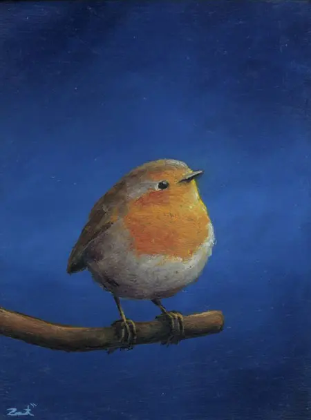 Marc van der Zwet, Voorzichtig roodborstje op tak, 200 euro, Oil on panel in wooden frame, 8,3x11,2 cm