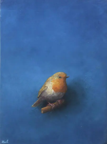 Marc van der Zwet, Voorzichtige roodborst op eik, 450 euro, Oil on oak panel, unframed, 15,6x20,8 cm
