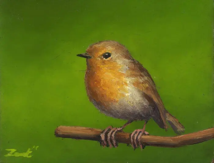 Marc van der Zwet, Voorzichtige roodborst op takje groen, 140 euro, Oil on beech, unframed, 7x5,4 cm