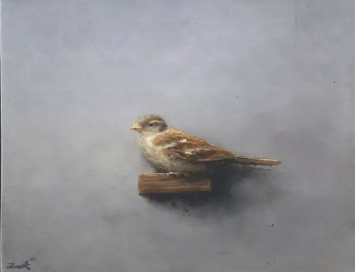 Marc van der Zwet, Vrouemus op plankje grijs, 450 euro, Oil on panel in white wooden frame, 20,5x14,7 cm