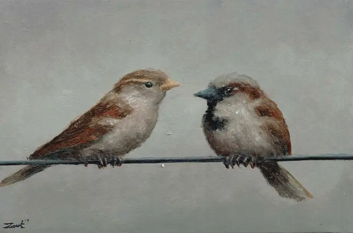Marc van der Zwet, Vrouw en Manmus op draad grijs, 320 euro, Oil on panel in frame, 14,8x9,3 cm