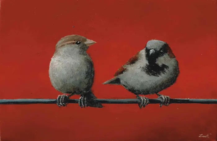 Marc van der Zwet, Vrouw en Manmus op draad rood, Oil on panel in bamboo frame, 12m9x8,4 cm, €.250,-
