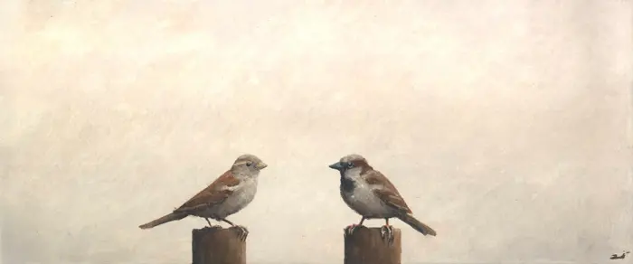 Marc van der Zwet, Vrouw en manmus op paaltje, 580 euro, Oil on panel in white frame, 42x17,8 cm