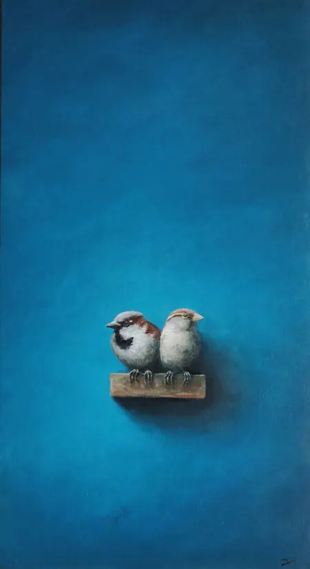 Marc van der Zwet, Vrouw en manmus op plankje op blauw, 500 euro, Oil on panel in white wooden frame, 19x35 cm