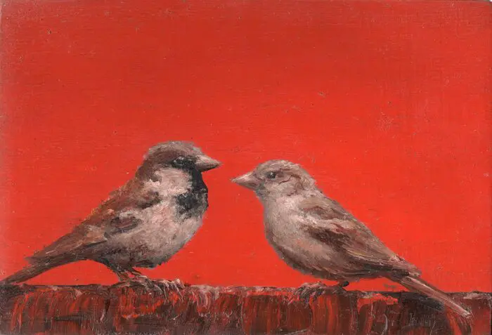 Marc van der Zwet, Vrouw en Manmus op rand op rood, Oil on MDF, unframed, 11,6x9,2 cm, €.180,-
