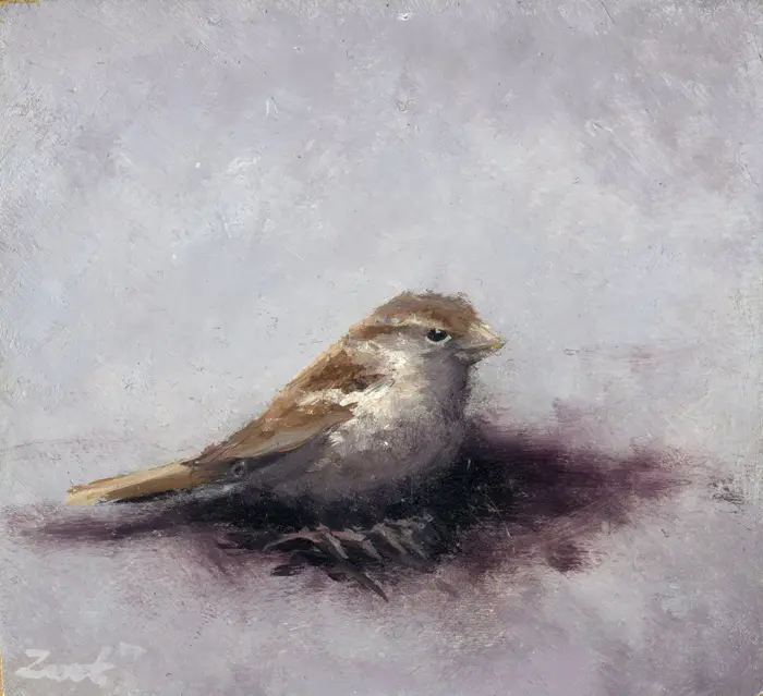 Marc van der Zwet, Vrouwmus kijkt vooruit, 150 euro, Oil on oak, unframed, 8x7,4x4 cm