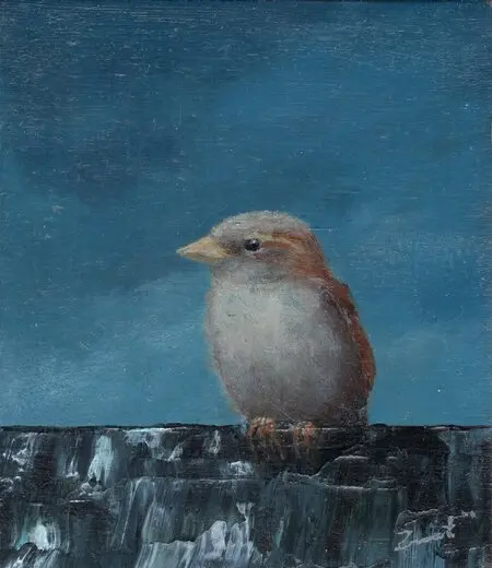 Marc van der Zwet, Vrouwmus op blauwe rand 2, 130,-, 6,9x7,8 cm, Oak block, unframed, 7180402