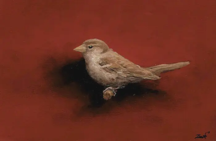 Marc van der Zwet, Vrouwmus op donkerrood, 300 euro, Oil on panel in bamboo frame, 14,8x9,7 cm