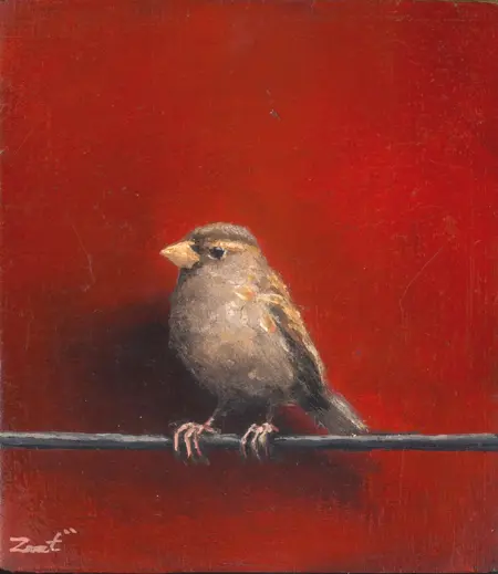 Marc van der Zwet, Vrouwmus op draad op blok, 190 euro, Oil on oak block, unframed, 7,2x8,2 cm