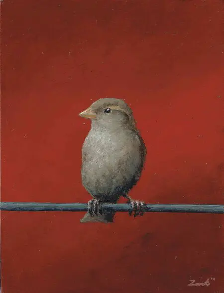 Marc van der Zwet, Vrouwmus op draad op rood, 8,4x11,2 cm, €.195,-, Oil on MDF in frame