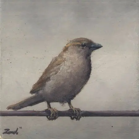 Marc van der Zwet, Vrouwmus op draad op vierkant blokje, 140 euro, Oil on oak panel, unframed, 6x6 cm