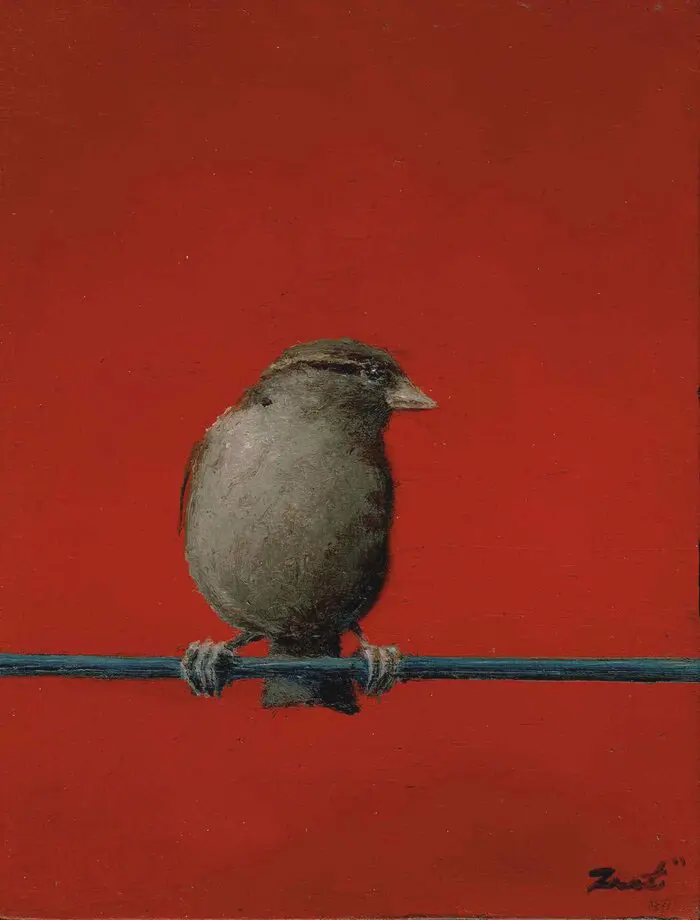 Marc van der Zwet, Vrouwmus op draad rood 1, 200 euro, Oil on oak in frame, 8,3x10,8