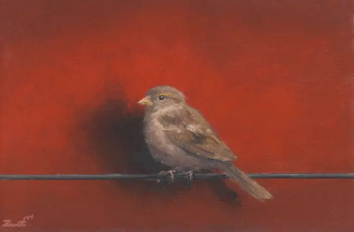 Marc van der Zwet, Vrouwmus op draad rood, 330 euro, Oil on panel in wooden frame,14,8x9,7 cm