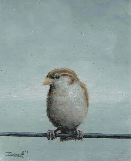 Marc van der Zwet, Vrouwmus op draad, Oil on panel, 5x5,8 cm, €.100,-