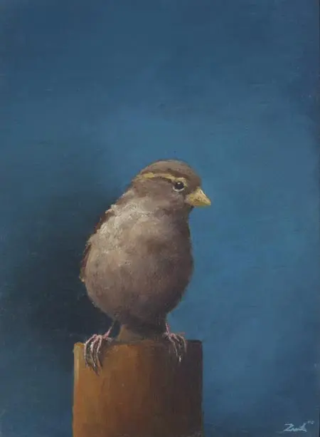 Marc van der Zwet, Vrouwmus op paaltje blauw, 300 euro, Oil on oak panel, unframed, 10,4x11,2 cm