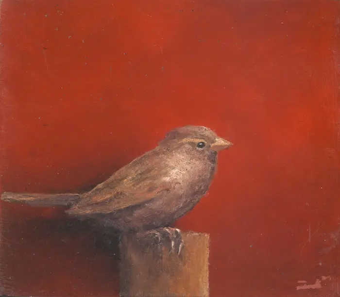 Marc van der Zwet, Vrouwmus op paaltje, 230 euro, Oil on thick oak, unframed, 11,2 x 9,7cm