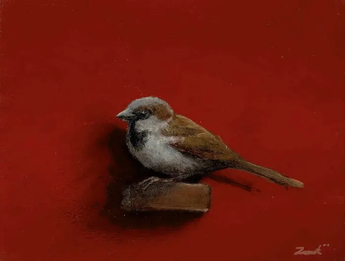 Marc van der Zwet, Vrouwmus op plankje rood, 200 euro, Oil on oak, unframed, 10,6x7,6 cm