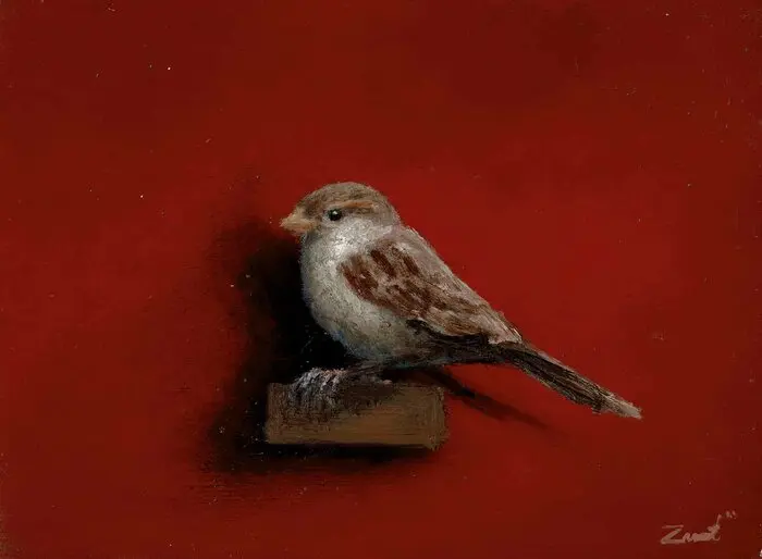 Marc van der Zwet, Vrouwmus op plankje rood, 310 euro, Oil on panel in wooden frame, 8,2x13,2 cm