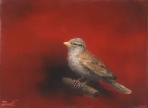 Marc van der Zwet, Vrouwmus op rood takje, 200 euro, Oil on oak, unframed, 9,4x6,7 cm