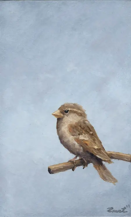 Marc van der Zwet, Vrouwmus op tak op grijs, 290 euro, Oil on panel in wooden frame, 8,2x13,2 cm