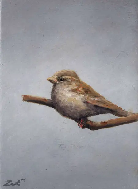 Marc van der Zwet, Vrouwmus op takje grijs 7220313, 200 euro, Oil on MDF in bamboo frame, 8,3x10,9 cm