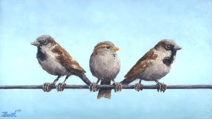 Marc van der Zwet, Vrouwmus wacht in het midden, 220 euro, Oil on oak panel, unframed, 12,4x7 cm
