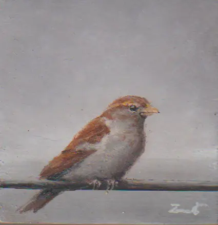 Marc van der Zwet, Vrouwmusje op draad, 120 euro, Oil on oak, unframed, 5,6x5,8 cm