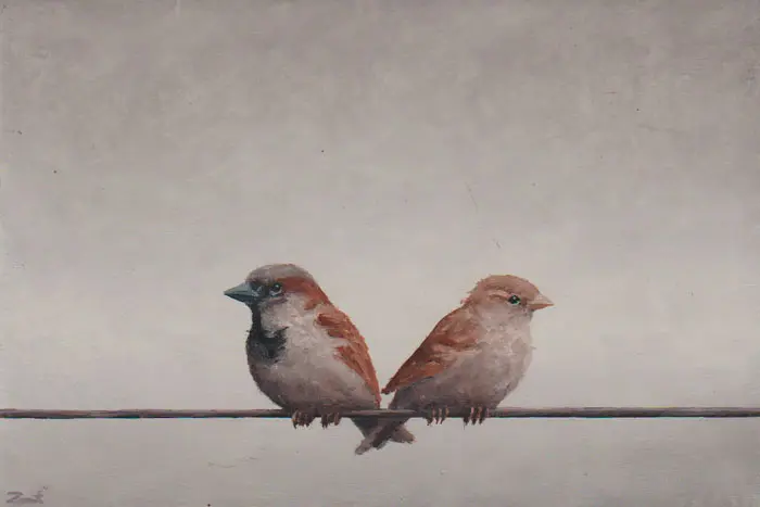 Marc van der Zwet, Wacht maar af (2 mussen), 400 euro, Oil on thick oak panel, unframed, 20,6x13,8 cm