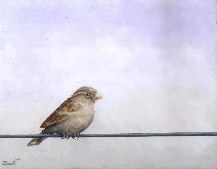 Marc van der Zwet, Wachtende vrouwmus op draad grijs, 340 euro, Oil on oak, unframed, 15,8x12,4 cm