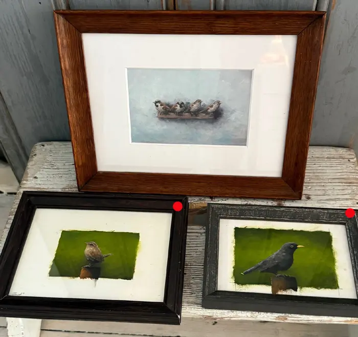 Marc van der Zwet, Winterkoning 150 euro, Merel 150 euro en 4 mussen 195 euro, Oil on paper in vintage frame, 15x20, 12x17 and 22x28 cm incl. frame