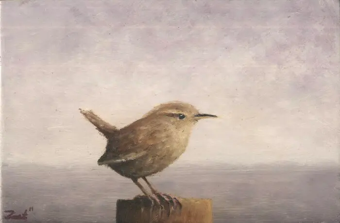 Marc van der Zwet, Winterkoning op grijs, 310 euro, Oil on panel in bamboo frame, 17,7x9,7 cm