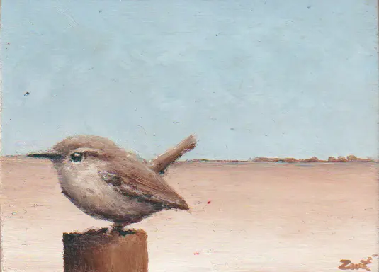 Marc van der Zwet, Winterkoning op paaltje, 180 euro, Oil on oak, unframed, 9x7x3 cm