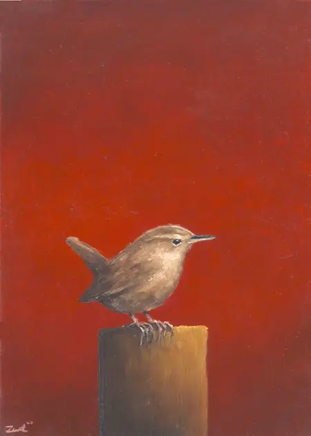 Marc van der Zwet, Winterkoning op paaltje, 400 euro, Oil on thick oak, unframed, 15x21 cm