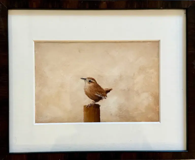 Marc van der Zwet, Winterkoning op paaltje, 180 euro, Oil on paper in vintage frame, 19x23 cm 15x10 cm excl. frame