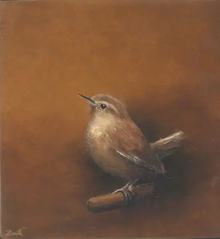 Marc van der Zwet, Winterkoninkje op oker, 320 euro, Oil on oak, unframed, 11,4x12,4 cm